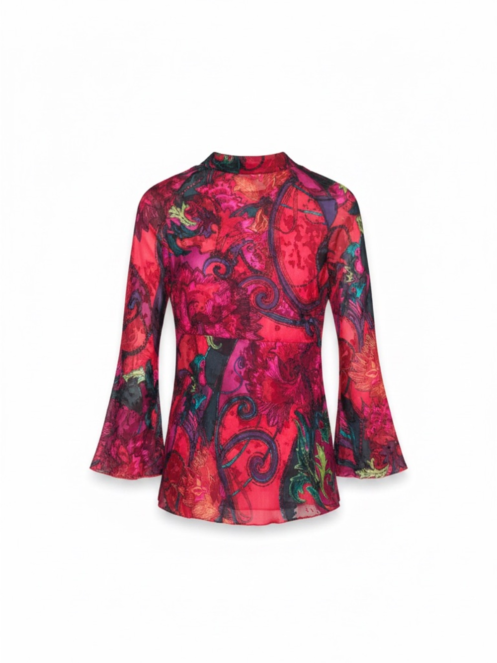 Chico's Poetcore Fuchsia & Black Floral V-Neck Long-Sleeve Blouse 40% Silk - Picture 3 of 5
